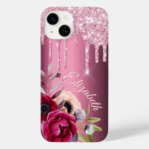 Pink glitter drip burgundy florals name Case_Mate iPhone 14 case