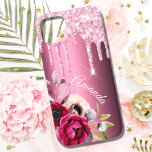 Pink glitter drip burgundy metallic florals name Case-Mate iPhone 14 case<br><div class="desc">Pink faux glitter drip,  Paint drip look on a burgundy faux metallic looking background. Burgundy and rose gold colored Flowers. Template for Your name.  The name in pastel pink is written with a modern and trendy hand lettered style script. Curved text, </div>