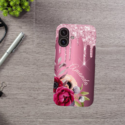 Pink glitter drip burgundy metallic florals name iPhone 16 case