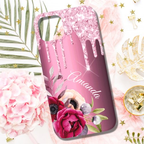 Pink glitter drip burgundy metallic florals name Case_Mate iPhone 14 case