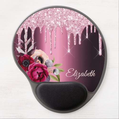 Pink glitter drip burgundy metallic florals name gel mouse pad