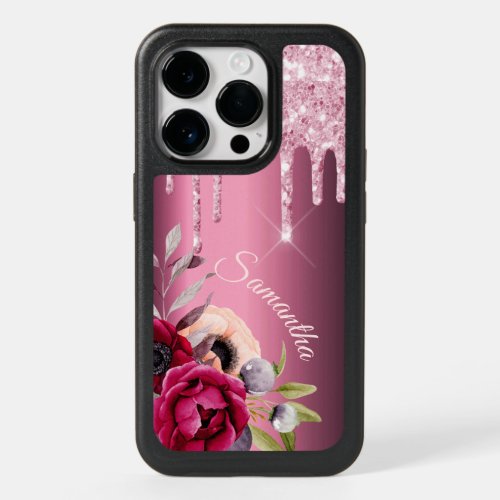 Pink glitter drip burgundy metallic flowers name OtterBox iPhone 14 pro case