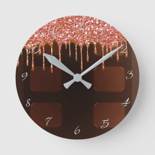 Pink Glitter Drip Chocolate Candy Bar Glam Round Clock