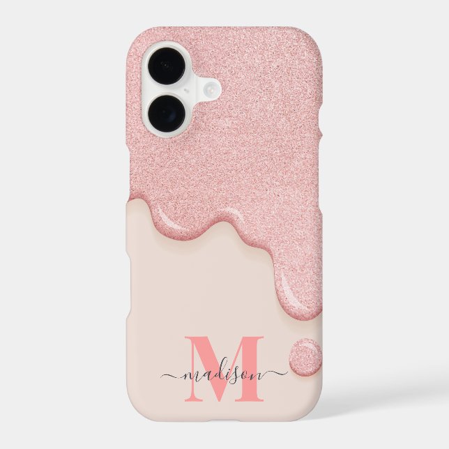 Pink Glitter Drip Custom Monogram Phone Case (Back)