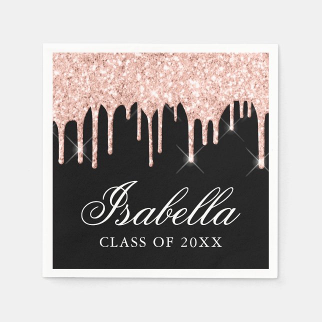 Pink Glitter Drip Custom Name Graduation Napkins (Front)