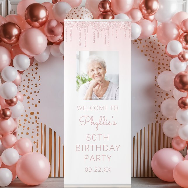 Pink Glitter Drip Custom Photo 80th Birthday Party Retractable Banner (Creator Uploaded)