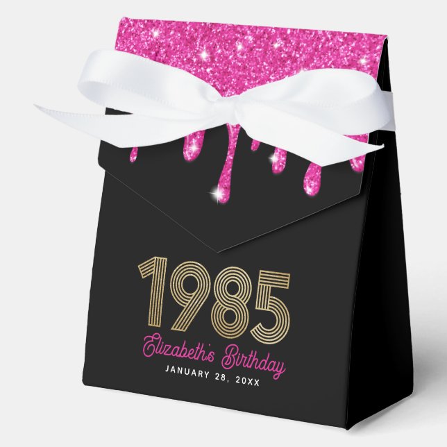 Pink Glitter Drip Faux Gold 1985 40th Birthday Favor Boxes (Front)