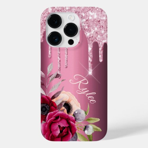 Pink glitter drip flowers burgundy name Case_Mate iPhone 14 pro case