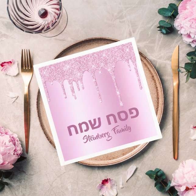 Pink Glitter Drip Happy Passover Napkins (Creator Uploaded)