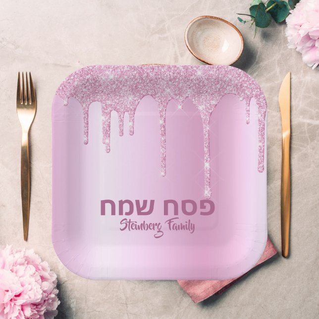 Pink Glitter Drip Hebrew Pesach Sameach Passover  Paper Plates (Creator Uploaded)
