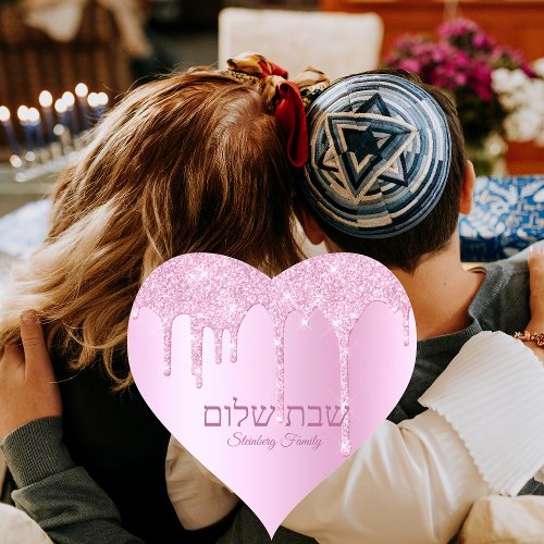 Pink Glitter Drip Jewish Hebrew Shabbat Shalom Heart Sticker
