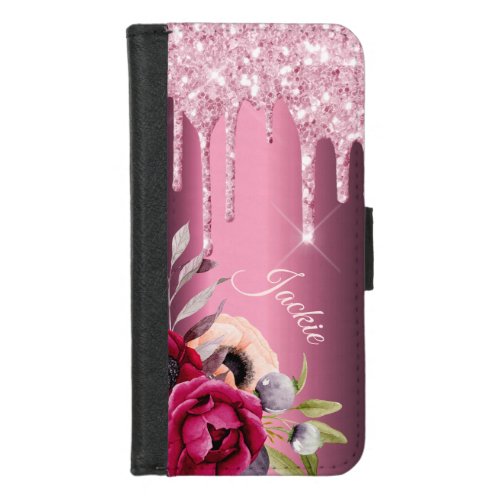 Pink glitter drip metallic flowers burgundy name iPhone 87 wallet case