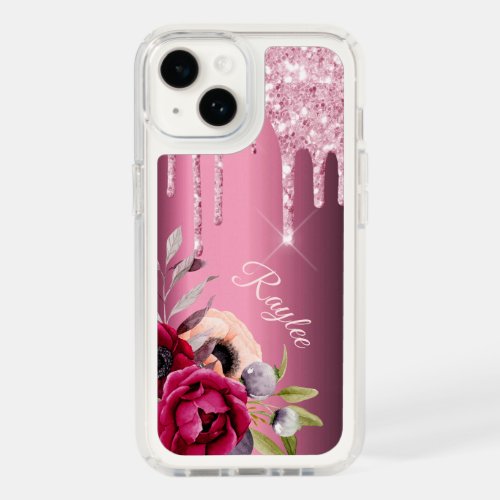 Pink glitter drip metallic flowers burgundy name speck iPhone 14 case