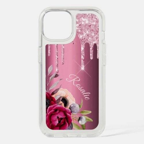 Pink glitter drip metallic flowers burgundy name iPhone 15 case