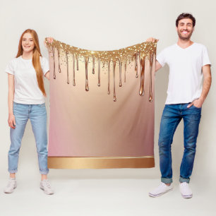 Pink Glitter Drip Over Gold Metallic Background Fleece Blanket