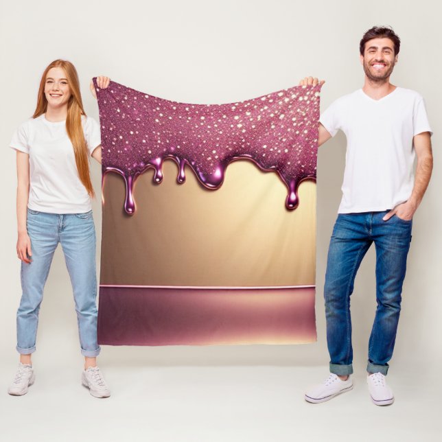 Pink Glitter Drip Over Gold Metallic Background Fleece Blanket (In Situ)