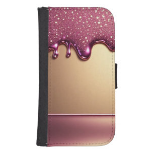 Pink Glitter Drip Over Gold Metallic Background Galaxy S4 Wallet Case