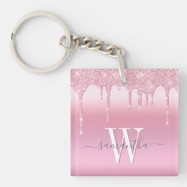 Pink Glitter Drip Personalized Keychain (Front)