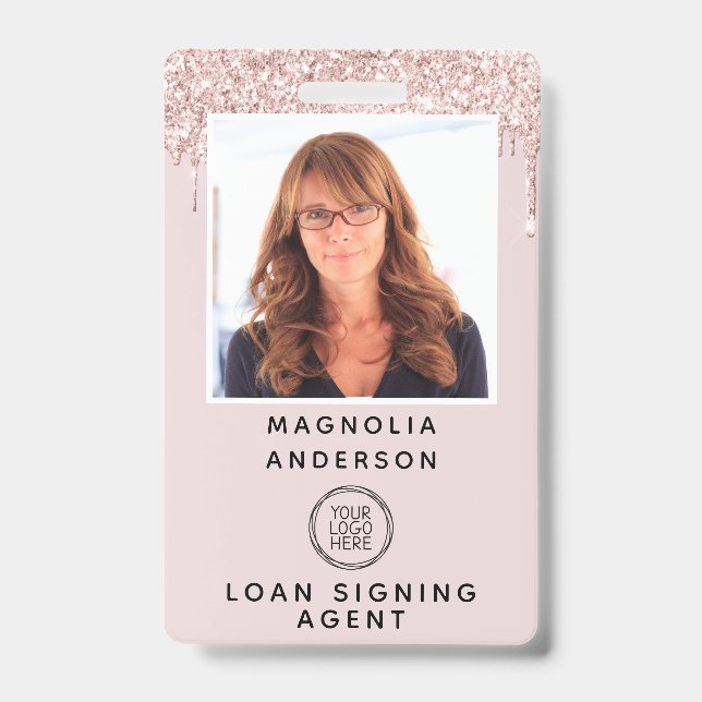 Pink Glitter Drip Photo Logo Barcode Name Badge (Front)