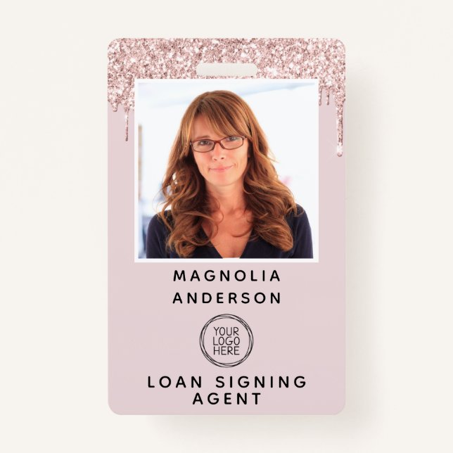 Pink Glitter Drip Photo Logo Barcode Name Badge (Front)