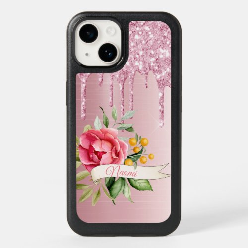 Pink glitter drip rose gold metallic florals name OtterBox iPhone 14 case