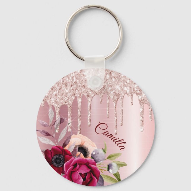 Pink glitter drip rose gold metallic flowers name keychain (Front)