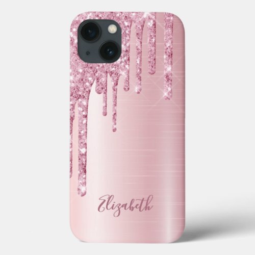 Pink glitter drip rose gold metallic name girly iPhone 13 case
