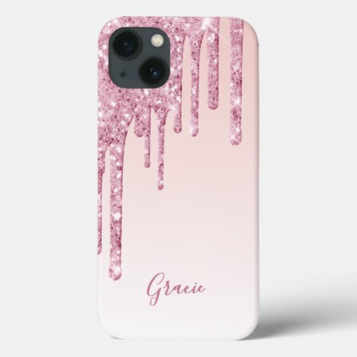 Pink glitter drip rose gold ombre name girly iPhone 13 case