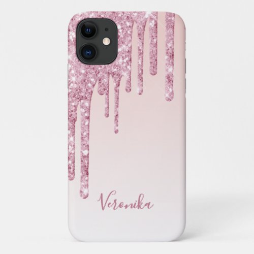 Pink glitter drip rose gold ombre name girly iPhone 11 case