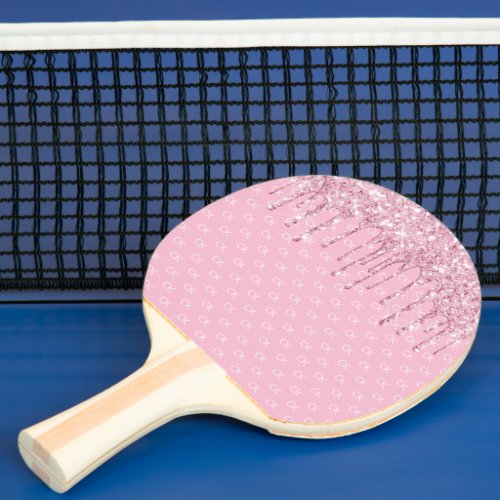 Pink glitter drip sparkle monogram pattern ping pong paddle