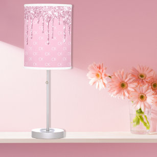 Pink glitter drip sparkle monogram pattern table lamp