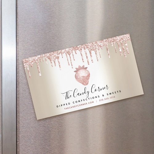 Pink Glitter Drip Strawberry Confection Sweet Gold Business Card Magnet