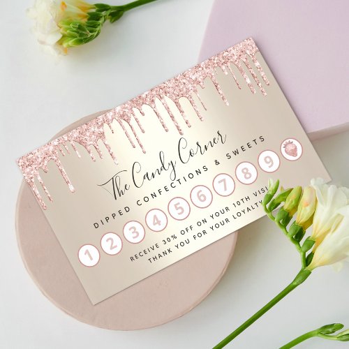 Pink Glitter Drip Strawberry Confection Sweet Gold Loyalty Card