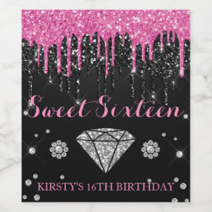 Pink Glitter Drip Sweet Sixteen Wine Label