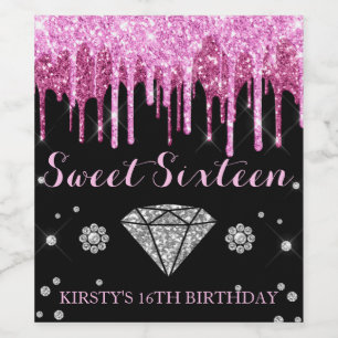 Pink Glitter Drip Sweet Sixteen Wine Label
