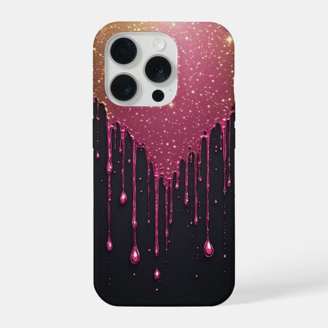 Pink Glitter Drip With Sparkling Stars iPhone Case (Back)