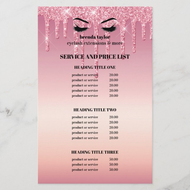 Pink Glitter Dripps EYELASH SALON SERVICE LIST  Flyer (Front)