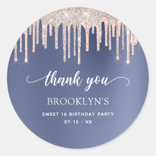 Pink Glitter Drips Blue Sweet 16 Thank You Favor Classic Round Sticker