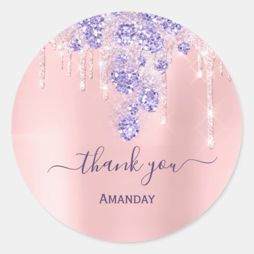 Pink Glitter Drips Bridal Sweet16th  Thank  Purple Classic Round Sticker