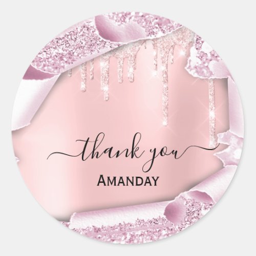 Pink Glitter Drips  Bridal Sweet16th  Thank You Classic Round Sticker