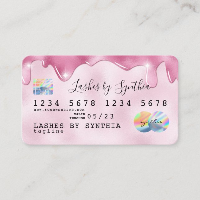 Pink glitter drips Credit Card hologram add name (Front)