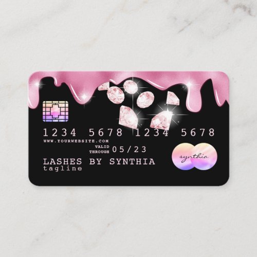 Pink glitter drips Credit Card hologram diamonds
