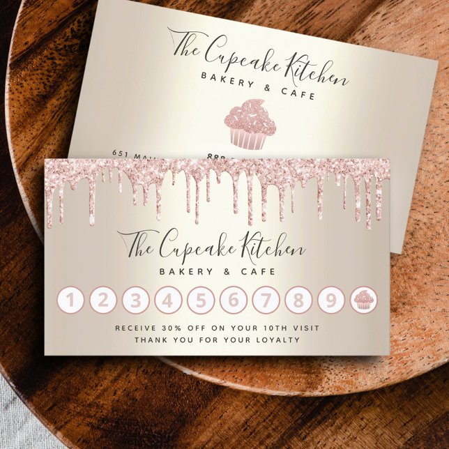Pink Glitter Drips Cupcake Bakery Pastry Chef Gold Loyalty Card (Creator Uploaded)