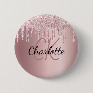 Pink glitter drips custom monogram name button