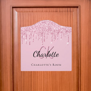Pink glitter drips custom monogram name door sign