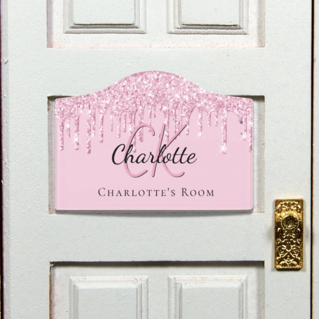 Pink glitter drips custom monogram name  door sign (Creator Uploaded)