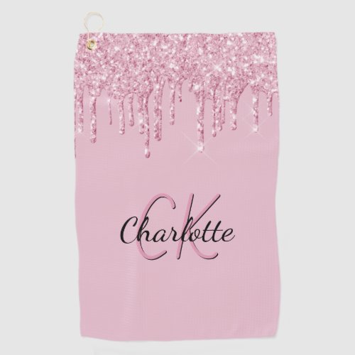 Pink glitter drips custom monogram name  golf towel