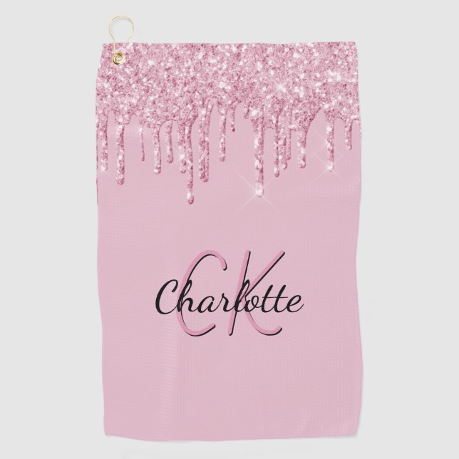 Pink glitter drips custom monogram name  golf towel (Front)