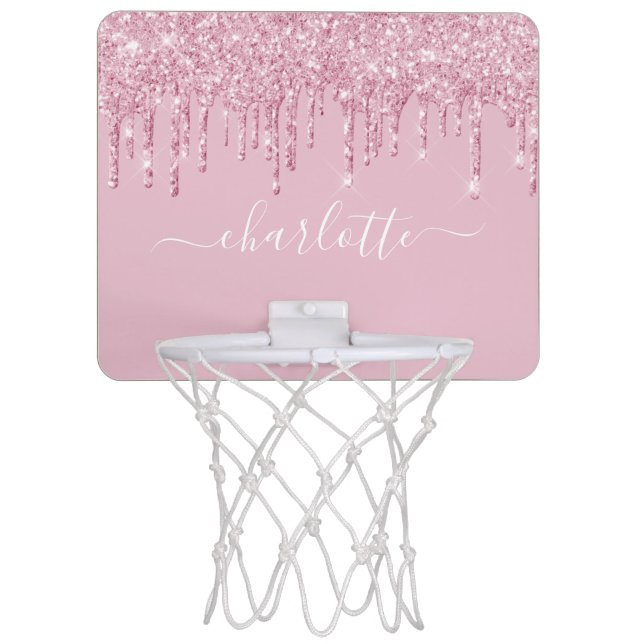 Pink glitter drips custom monogram name mini basketball hoop (Front)