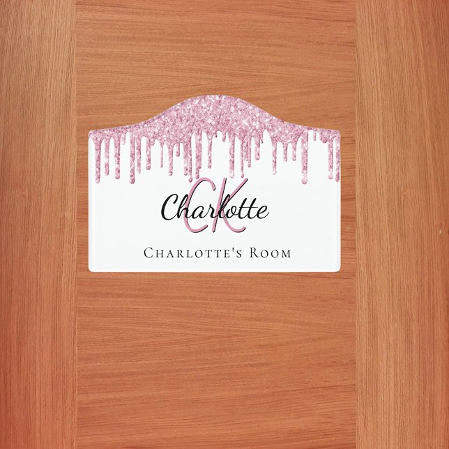Pink glitter drips custom monogram white door sign (Creator Uploaded)